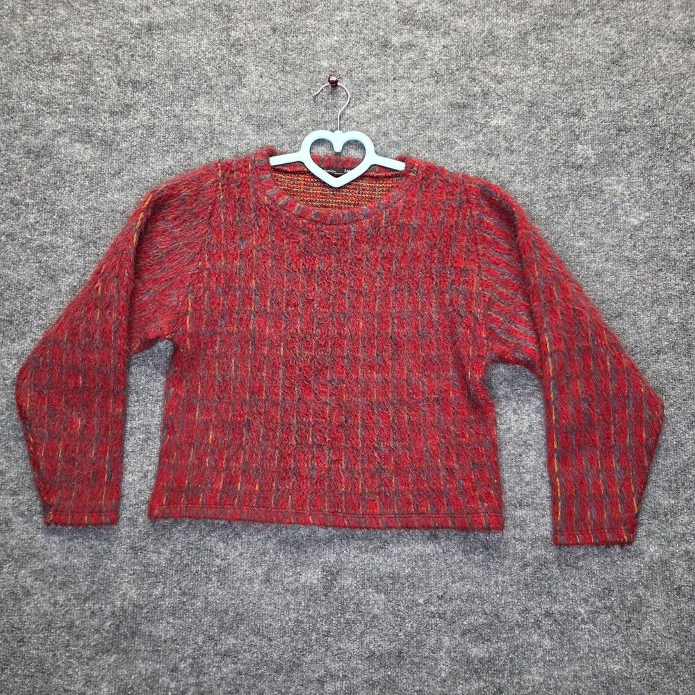 Zara Sweater Womens Small Red Multicolor Fuzzy Chunky Knit Crewneck Pullover